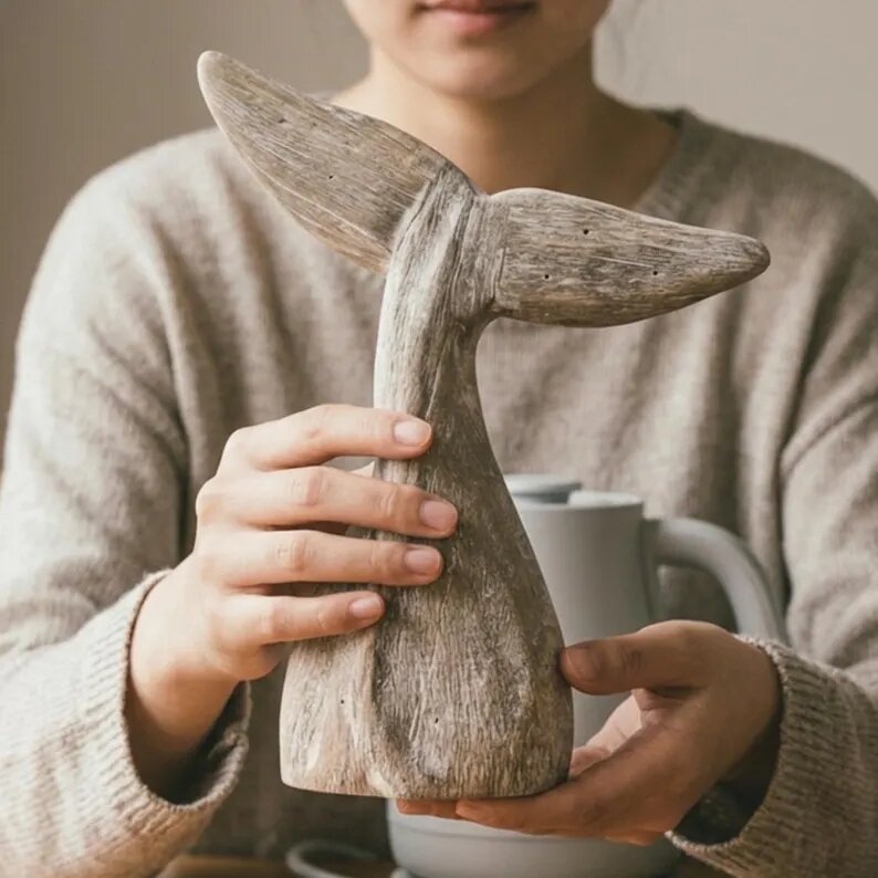 Whale Tail Wooden Figurine for Coastal Home Decor