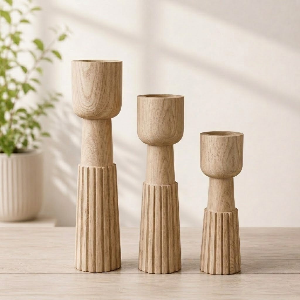 Handmade Wooden Candle Holder Set, Scandinavian Rustic Taper Candle Stands