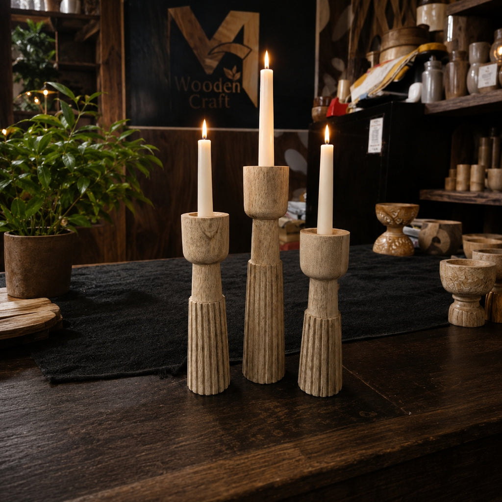 Handmade Wooden Candle Holder Set, Scandinavian Rustic Taper Candle Stands