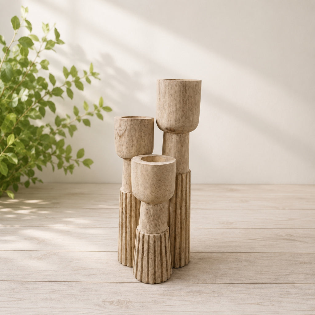 Handmade Wooden Candle Holder Set, Scandinavian Rustic Taper Candle Stands